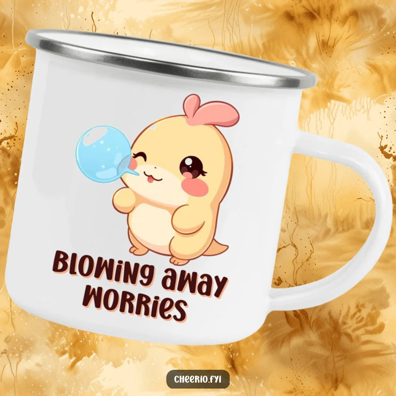 Funny Camping Mug with a creature sporting a twinkling eye, cheerfully blowing a large bubble, perfect for outdoor enjoyment.