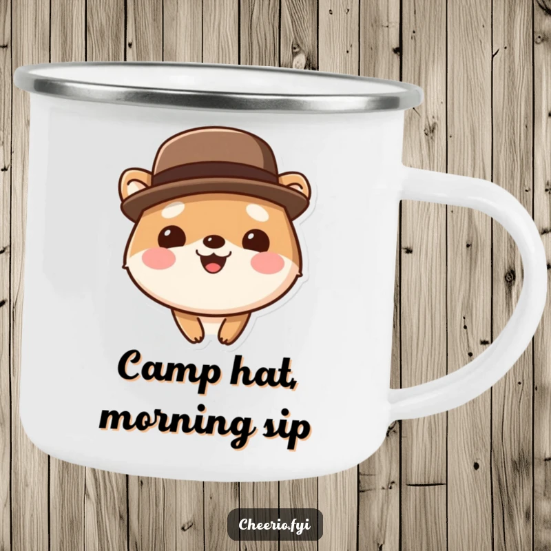 Funny cute animal camping mug wearing a bowler hat, smiling broadly, perfect for enjoying adventures with sophisticated humor.