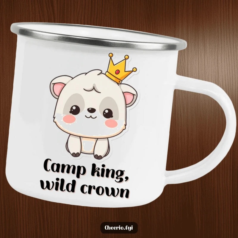 Funny camping mug featuring a smiling animal character proudly displaying a tiny crown, ready for royal excursions.