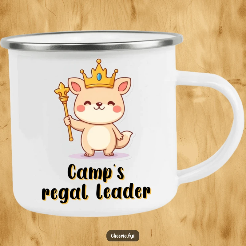Funny cheerful animal wearing a crown and holding a scepter stands proudly on a rugged camping mug.