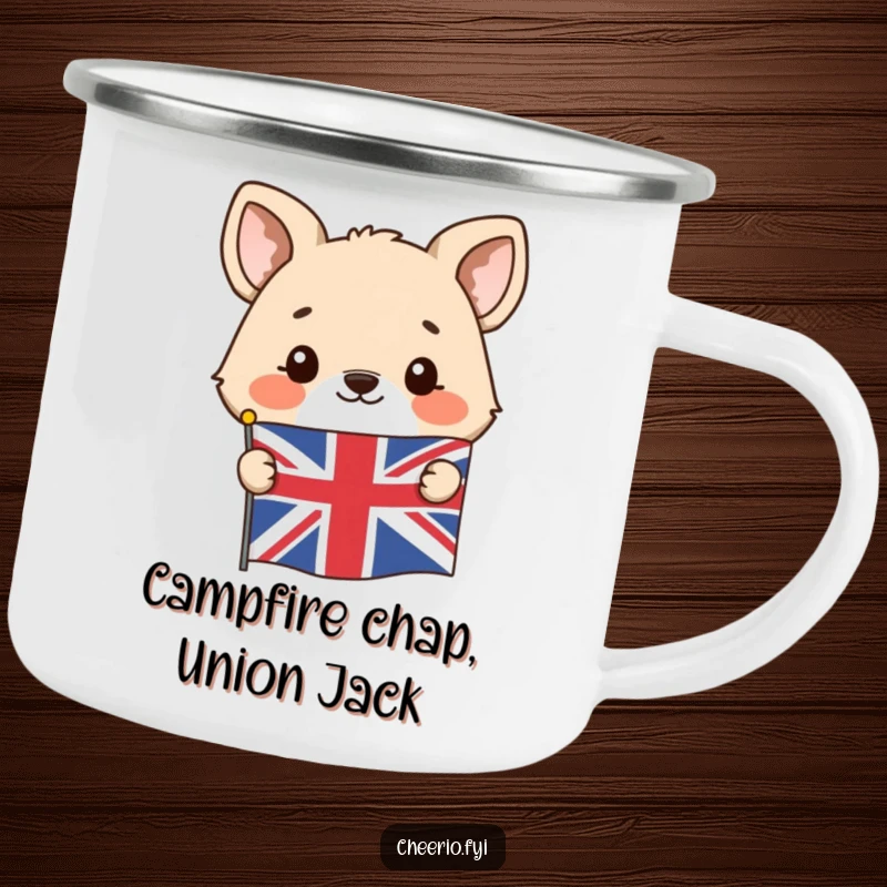 Funny camping mug featuring a happy animal character peeking from behind a Union Jack flag, ready for adventure.