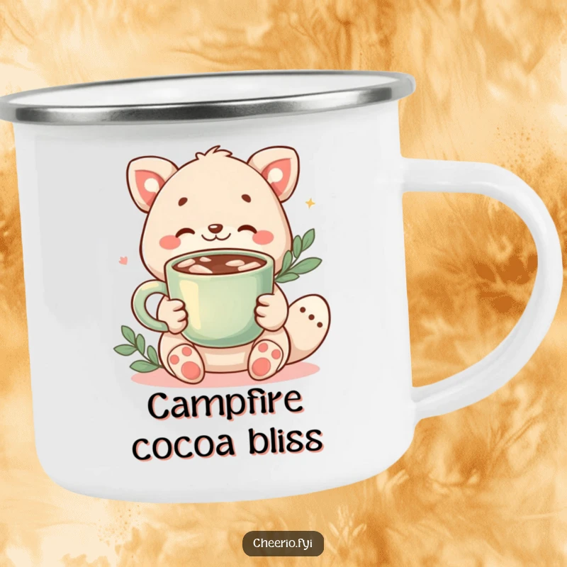 Funny camping mug showing a friendly animal character offering a steaming cup of cocoa, perfect for chilly outdoor evenings.
