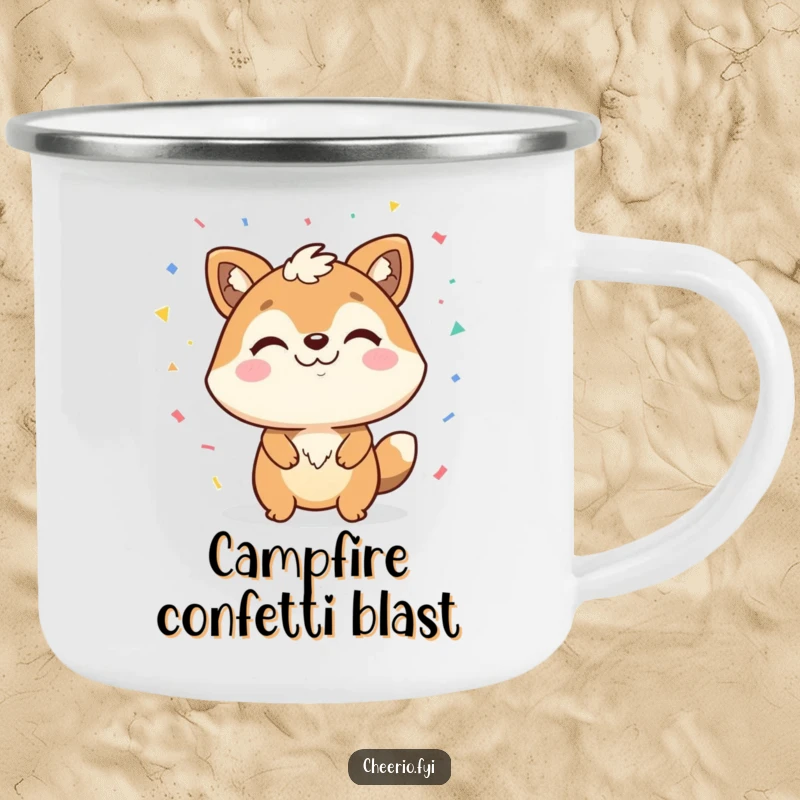Funny camping mug featuring a happy animal with a confident smirk, throwing confetti, perfect for celebratory outdoor drinks.