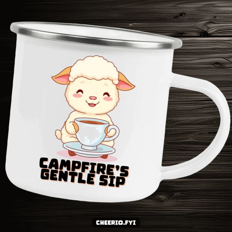 Funny happy sheep sips tea and saucer on a rugged camping mug, perfect for humorous outdoor relaxation.