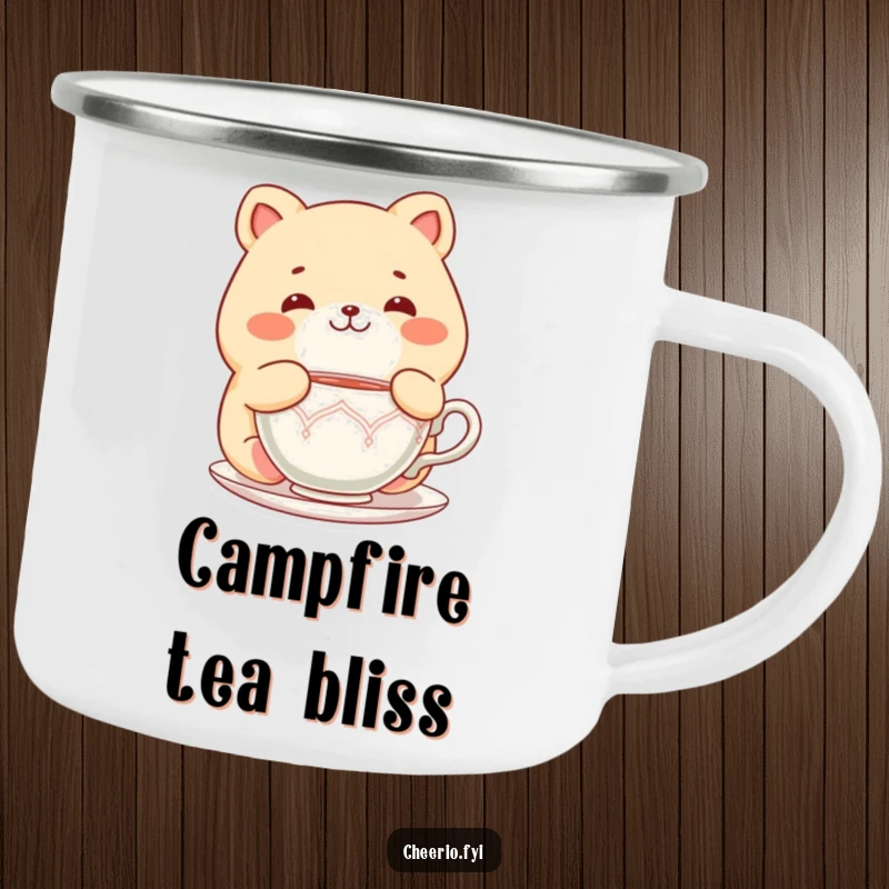 Funny Chubby Cat Camping Mug: A chubby cat character delighted with a teacup, perfect for outdoor tea time, funny gift.