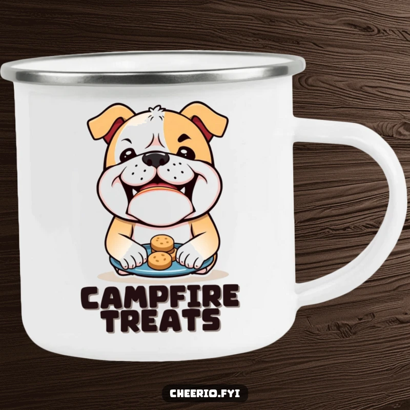 Funny Bulldog Camping Mug: A bulldog with a mischievous grin offers biscuits, perfect for rugged adventures and good company. A fantastic funny gift.