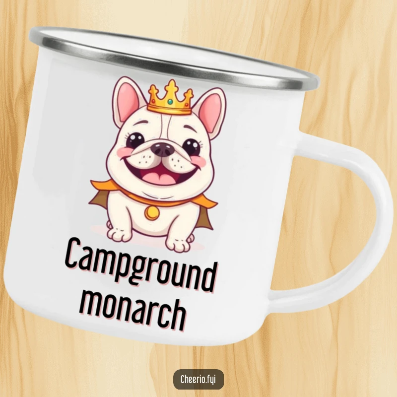 Funny cheerful bulldog wearing a tiny crown and regal cape smiling, a rugged camping mug.