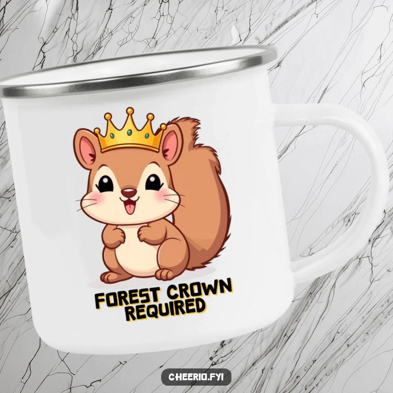 Funny squirrel in a tiny crown, ready for adventure on a sturdy camping mug. A rugged funny gift.