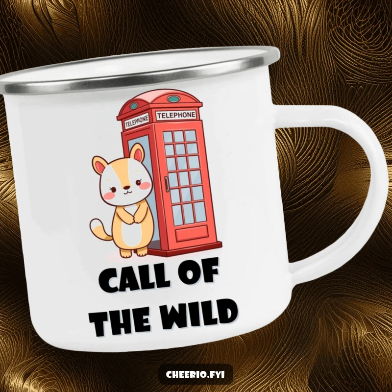 Funny camping mug with a smiling animal standing next to a classic red telephone booth, ready for adventure.
