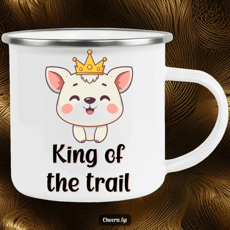 Funny Camping Mug: Cute animal character proudly wears a tiny crown, perfect for enjoying warm drinks on royal adventures.