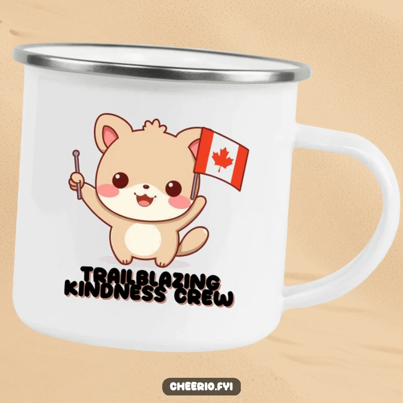 Funny camping mug showing a cheerful animal waving a small flag with a prominent red cross, perfect for rugged use and smiles.