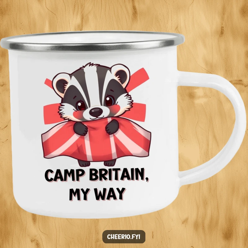 Funny camping mug with a curious badger peeking from behind a Union Jack flag, perfect for outdoor enthusiasts.