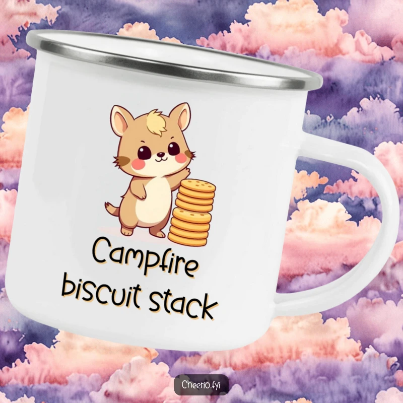 Funny British animal character balancing biscuits, on a rugged camping mug for outdoor tea time enjoyment.
