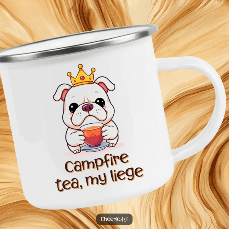 Funny camping mug showing a jolly bulldog wearing a crown, offering tea, ideal for outdoor tea breaks.