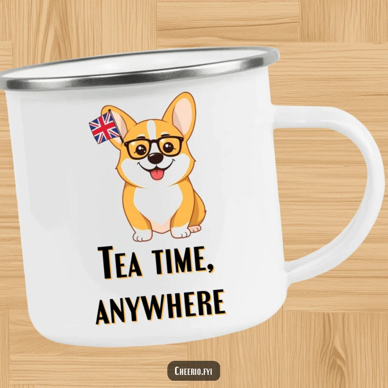Funny Corgi Monocle Union Jack Camping Mug: A cheerful corgi with a monocle waves the union flag, ready for outdoor fun.
