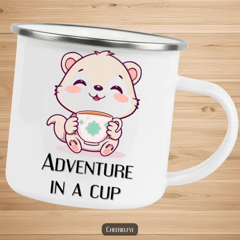 Funny camping mug featuring a cute animal character holding a tiny teacup, smiling warmly in nature.