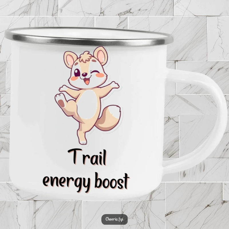 Funny Energetic Fox Camping Mug: An energetic fox character playfully kicking its leg up, perfect for outdoor adventures, funny gift.