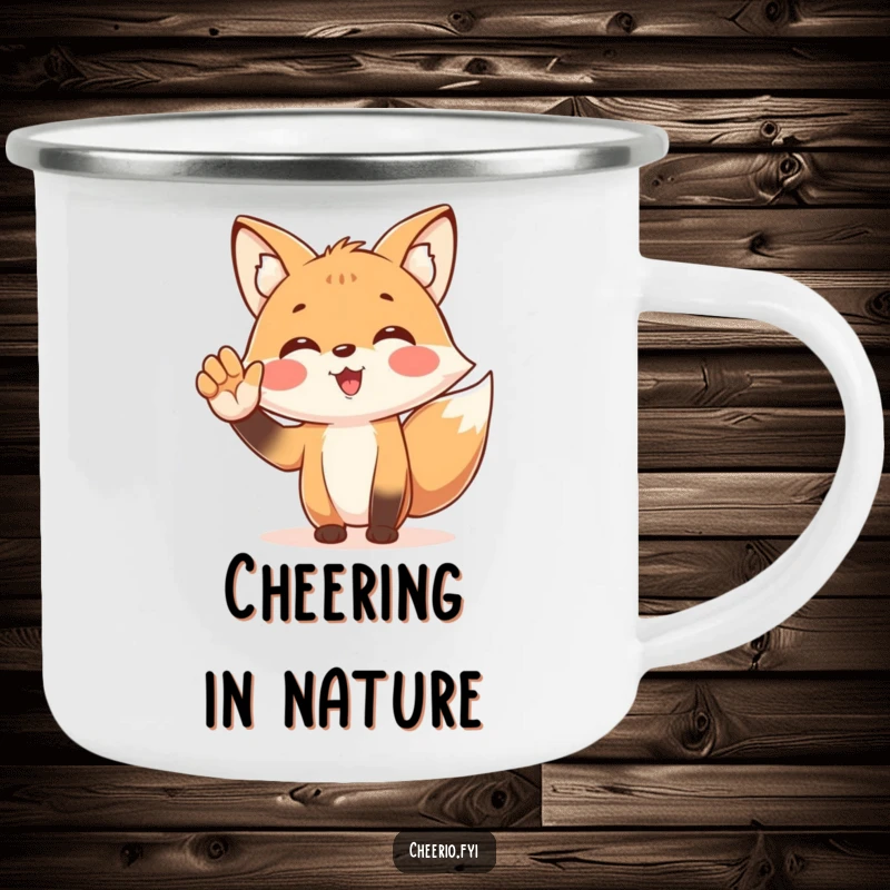 Funny camping mug showcasing a spirited fox character enthusiastically cheering with a cupped hand, ideal for outdoor enthusiasts who love excitement.