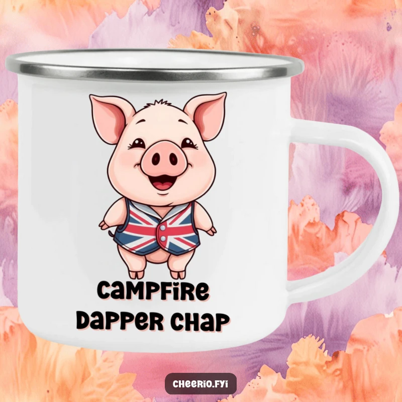 Funny Camping Mug: A happy pig in a Union Jack waistcoat smiling, a durable and amusing mug for outdoor enjoyment.
