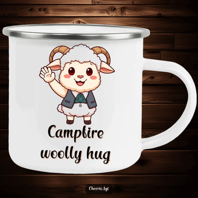 Funny happy sheep wearing a smart waistcoat offering a friendly wave, a sturdy camping mug.