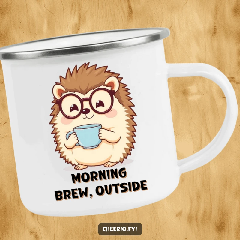 Funny Hedgehog Camping Mug: A cheerful hedgehog wearing glasses holds a teacup during an outdoor setting.