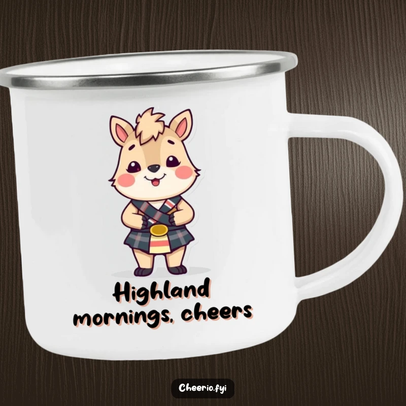 Funny British animal in a small kilt, smiling cheerfully, on a durable camping mug, ideal for outdoor fun.