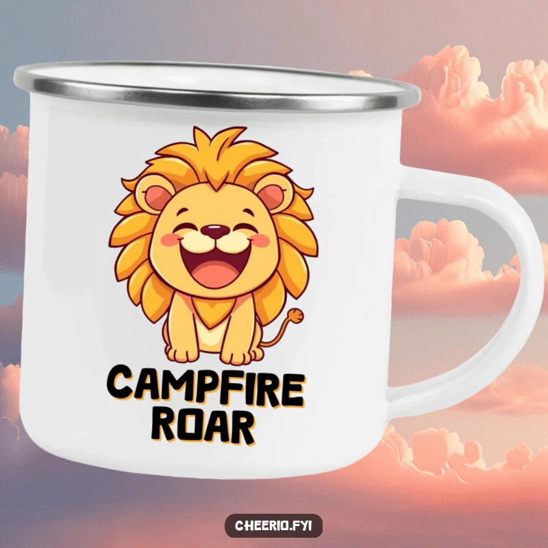 Funny Lion Camping Mug: A lion with a hearty laugh roars friendly, embodying outdoor spirit and humor. A fantastic funny gift.
