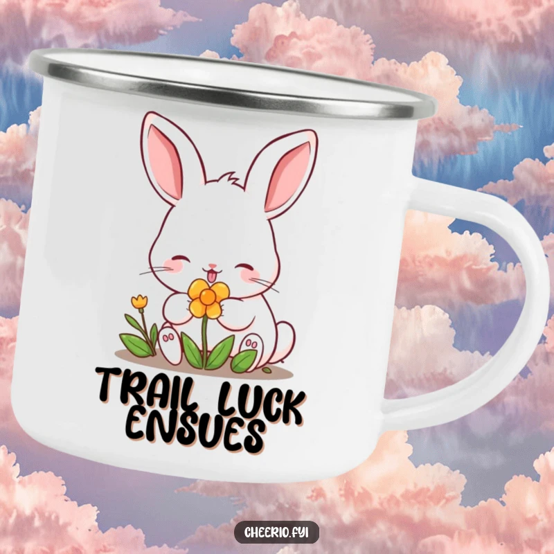 Funny rabbit nibbling a clover on a durable camping mug, ready for adventure. A lucky funny gift.