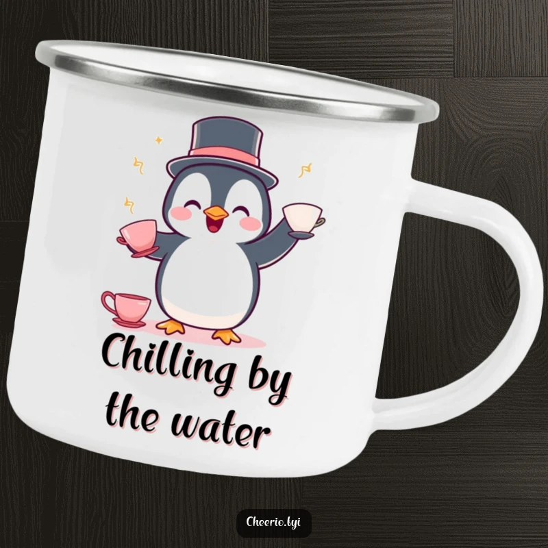 Funny Penguin Juggling Camping Mug: A delighted penguin in a bowler hat juggles teacups, ready for outdoor fun.