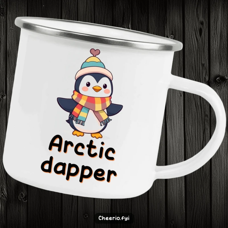Funny Penguin Camping Mug: A penguin in a top hat waves a colorful scarf, embodying chic adventures and humor. A fantastic funny gift.