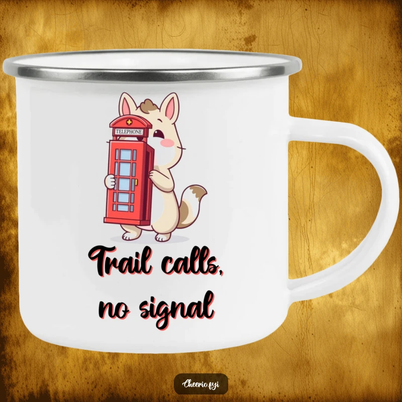 Funny camping mug with a proud animal and a red telephone box, perfect for outdoor fun with British charm, ideal funny gift.