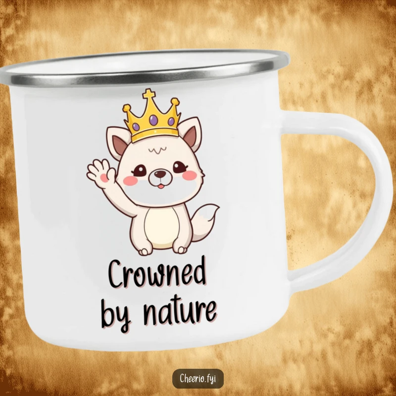 Funny, durable camping mug with an animal wearing a crown and giving a regal wave, for majestic outdoor moments.