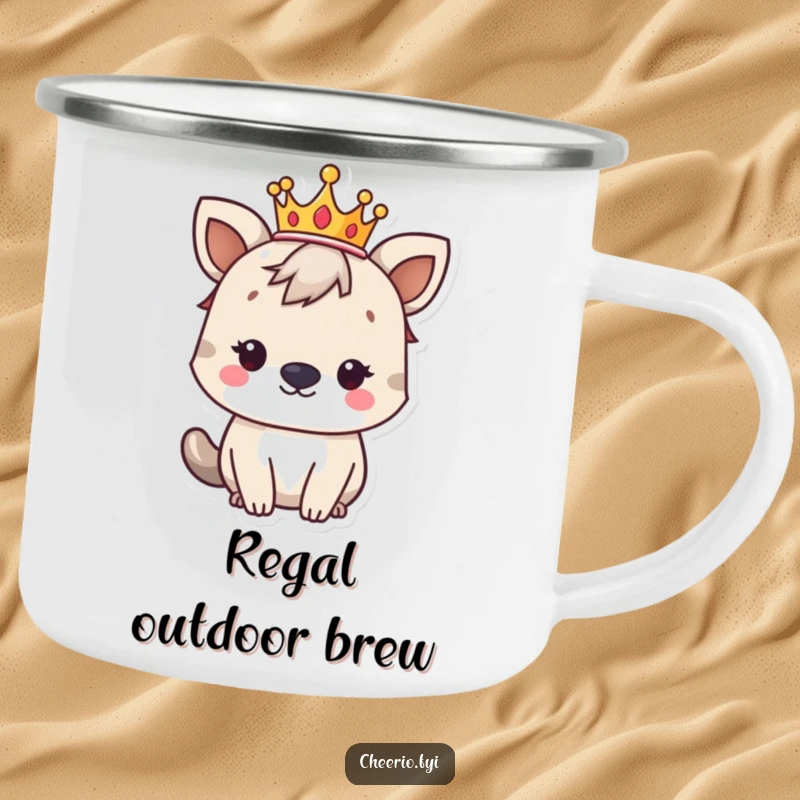 Funny British animal character wearing a small crown, looking regal, on a rugged camping mug for outdoor royal treatment.