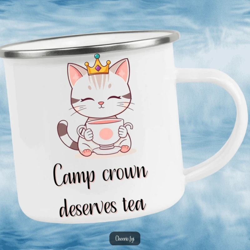 Funny camping mug featuring a cute cat in a crown, gazing contemplatively at a floating teacup, perfect for outdoor tea breaks.