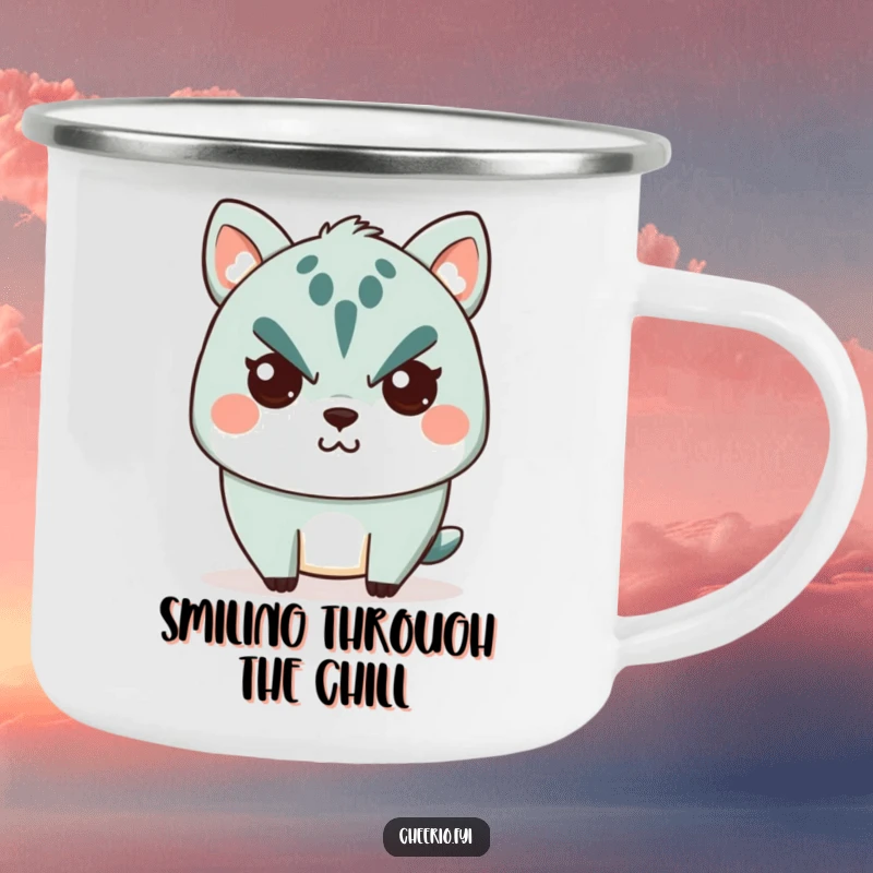 Funny Camping Mug: A cute animal character with a stern expression and a tiny, secret smile, ready for outdoor fun.