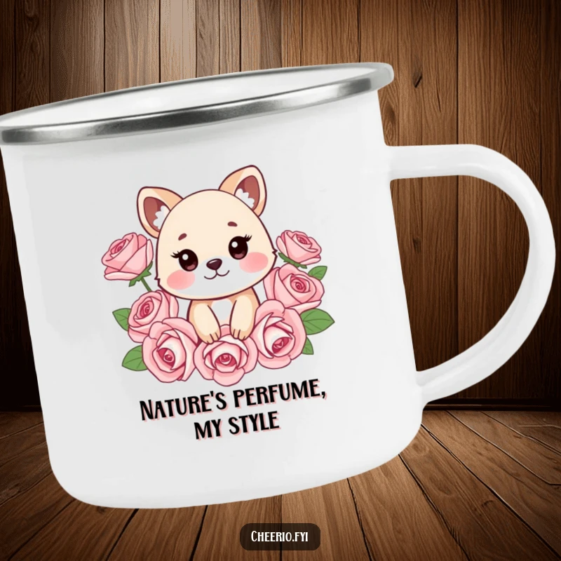 Funny camping mug featuring a cheeky animal surrounded by stylized roses, perfect for outdoor adventures with a dose of humor and charm, ideal funny gift.