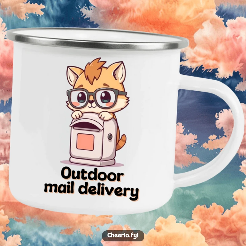 Funny enamel camping mug with a playful animal wearing spectacles tripping over a small post box, perfect for outdoor fun.