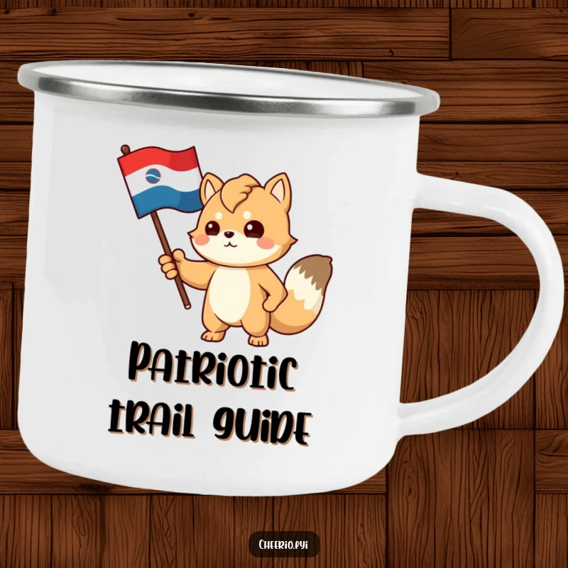 Funny enamel camping mug with a proud, determined animal character gesturing towards a stylized flag, perfect for outdoors.