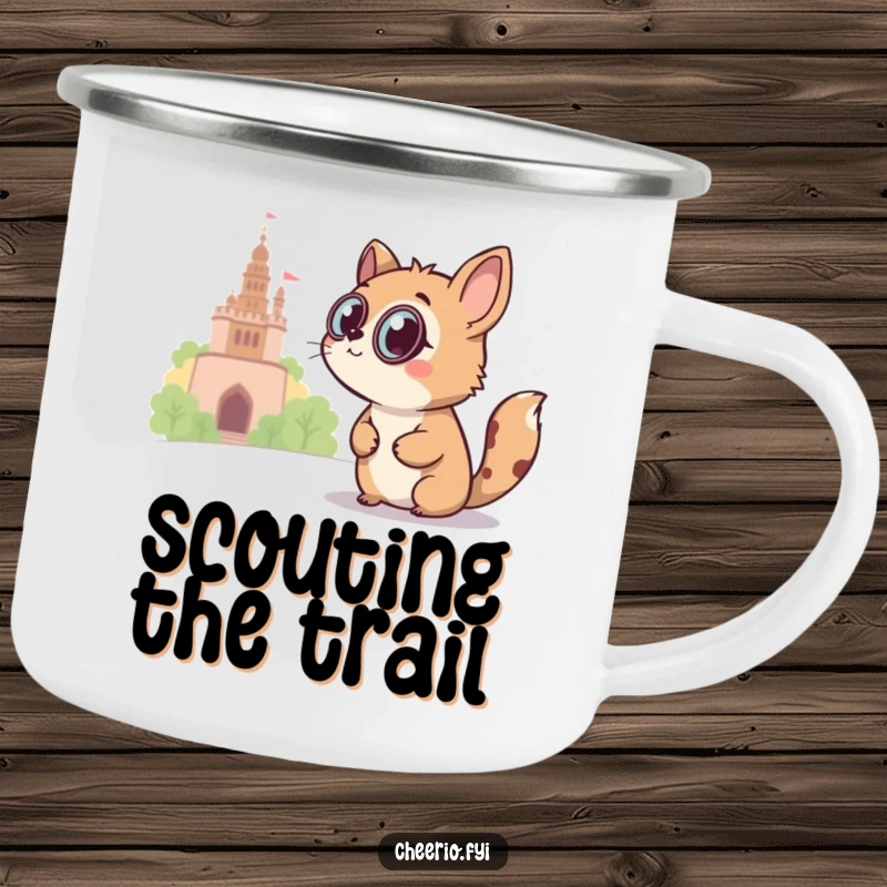 Funny curious animal wearing a monocle peers at a distant landmark on a rugged camping mug.