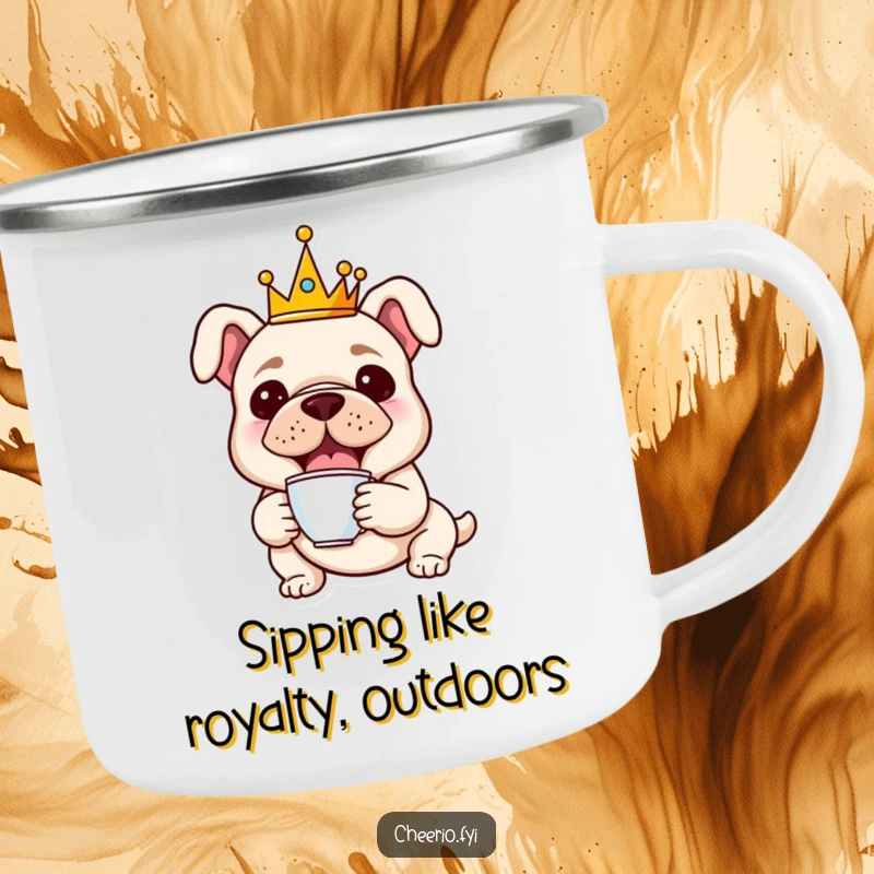 Funny camping mug featuring a cheerful bulldog wearing a crown and holding a teacup, suitable for outdoor enjoyment.