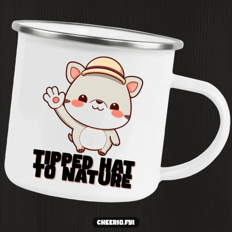 Funny camping mug showing a cheerful animal character wearing a small bowler hat and giving a jaunty wave. Ideal for outdoor enjoyment.