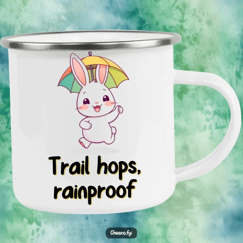 Funny camping mug with a happy rabbit gleefully hopping with a tiny umbrella, perfect for outdoor enthusiasts.