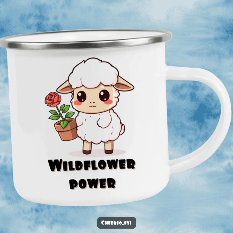 Funny Sheep Camping Mug: A determined sheep carries a potted rose, embodying outdoor charm and gentle humor. A fantastic funny gift.