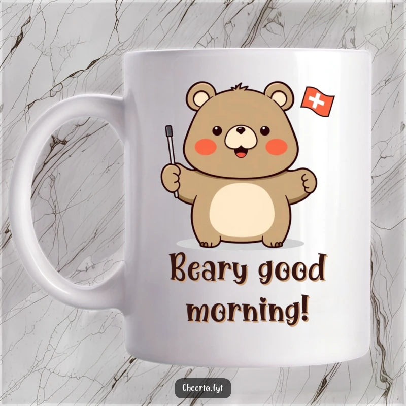Funny mug with a stout bear character enthusiastically waving a small flag featuring a white cross.