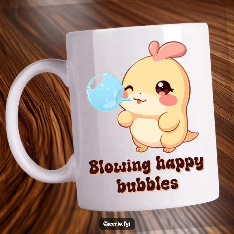Funny Mug showcasing a creature with a mischievous twinkle in its eye, cheerfully blowing a large, glistening bubble.