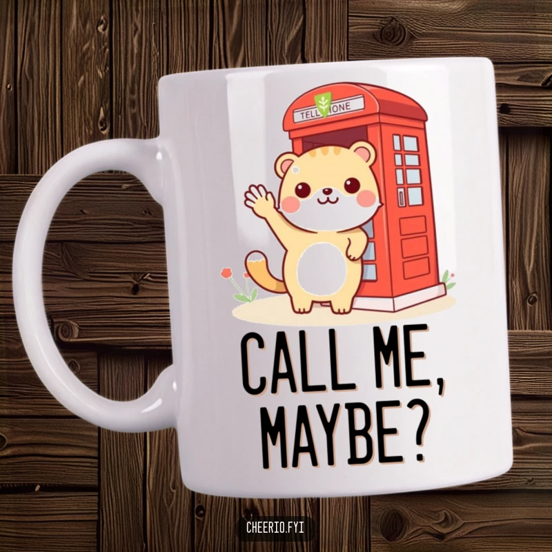 Funny animal with a friendly wave gesturing towards a red phone booth, perfect for a humorous gift.