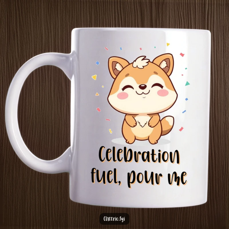 Funny mug featuring a happy animal character with a confident smirk, joyfully throwing a shower of colorful confetti.
