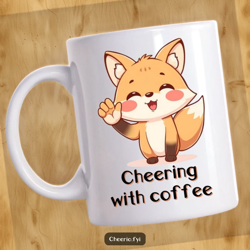 Funny mug featuring an energetic fox character enthusiastically cheering with a cupped hand, embodying pure fan spirit.