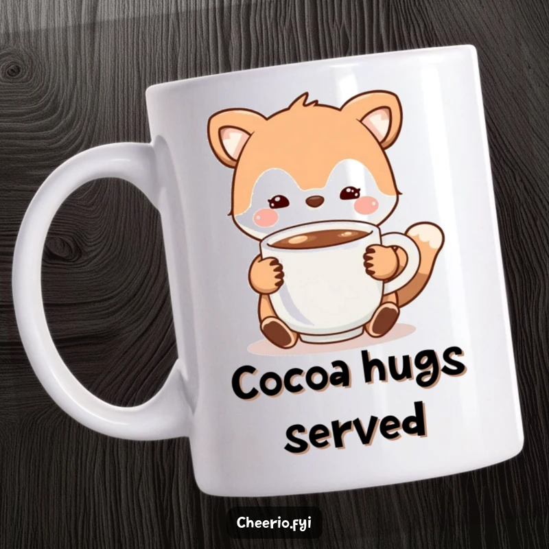 Funny Mug with an animal character sweetly offering a steaming cup of warm cocoa, perfect for cozy moments.