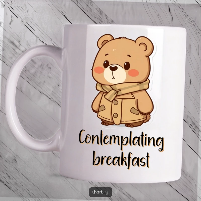 Funny Mug: A bear in a tweed jacket and scarf looking thoughtfully into the distance, exuding quiet wisdom and charm.
